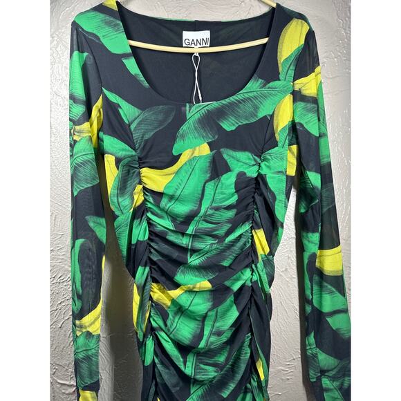 GANNI Ruched Tropical Print Green Black Yellow Stretch-Mesh Midi Dress Size 6 - Picture 2 of 6